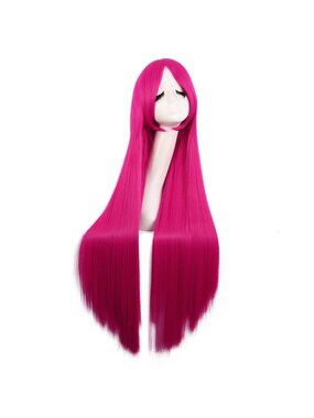 Women's Hot Pink 40 Inch Oblique Synthetic Modern Long Straight Wig Bangs